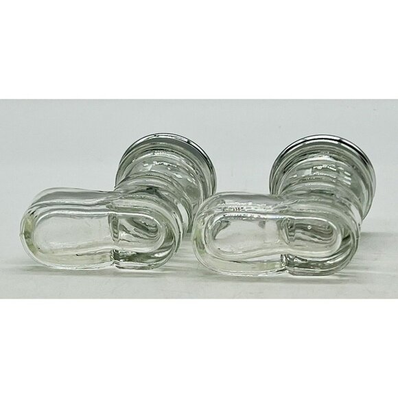 Vintage Clear Glass Boots Shoes Salt Pepper Shaker Set Santa Silver Tops 2 inch - Picture 5 of 8
